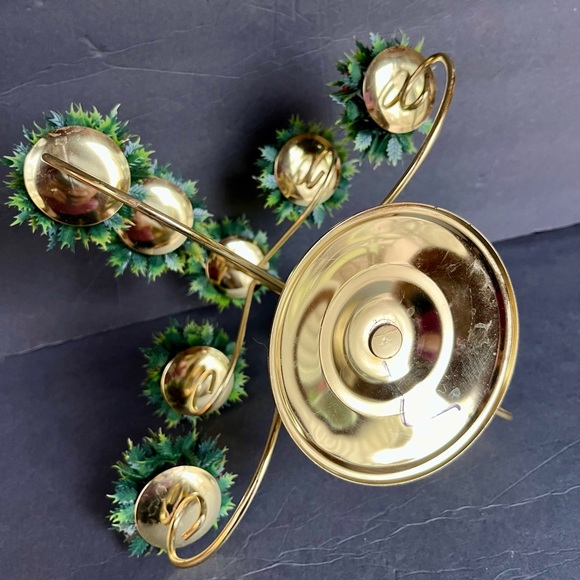 VTG Candelabra Christmas Tree Brass Plastic Holly MCM Candle Holder Centerpiece - Picture 6 of 6